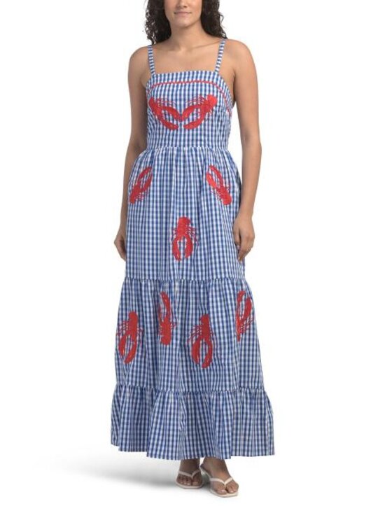 Solitaire Dresses & Skirts - SOLITAIRE Sleeveless Lobster Embroidered Gingham Maxi Dress